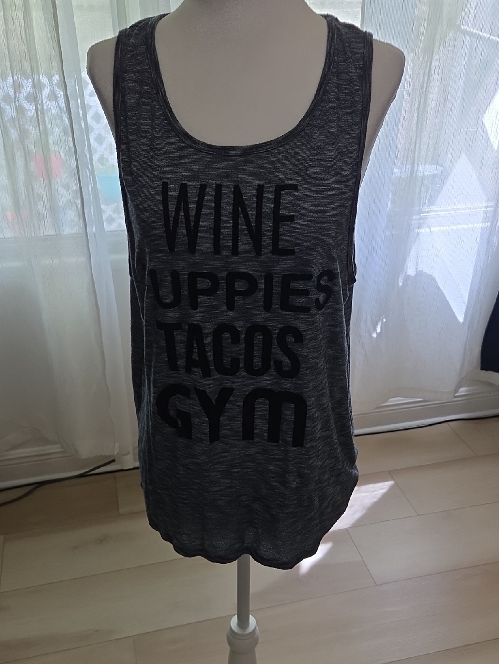 EVCR Womens Wine Puppies Tacos Gym Graphic Tank Top Blue Space Dye Small